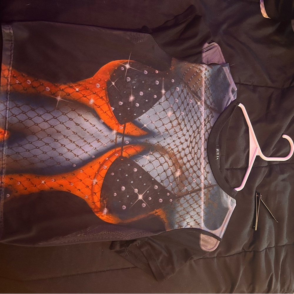 Black and Orange Mesh Crop Top with Adjustable Straps